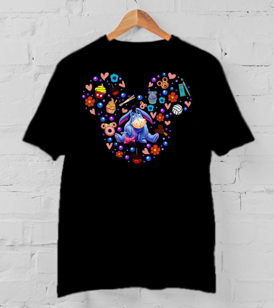 Eeyore Surrounded By Colorful Hearts And Treats In Iconic Mouse Head Shape T-Shirt
