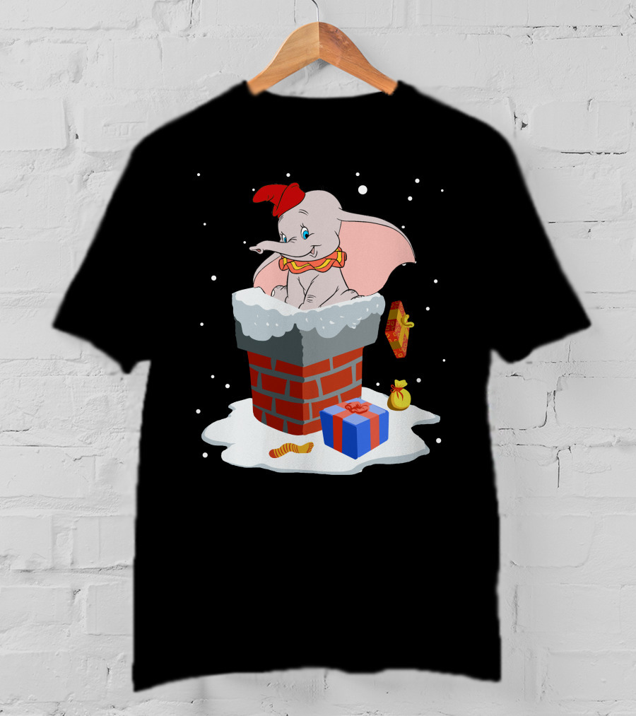 Dumbo Christmas Chimney Scene With Gifts And Snowflakes T-Shirt