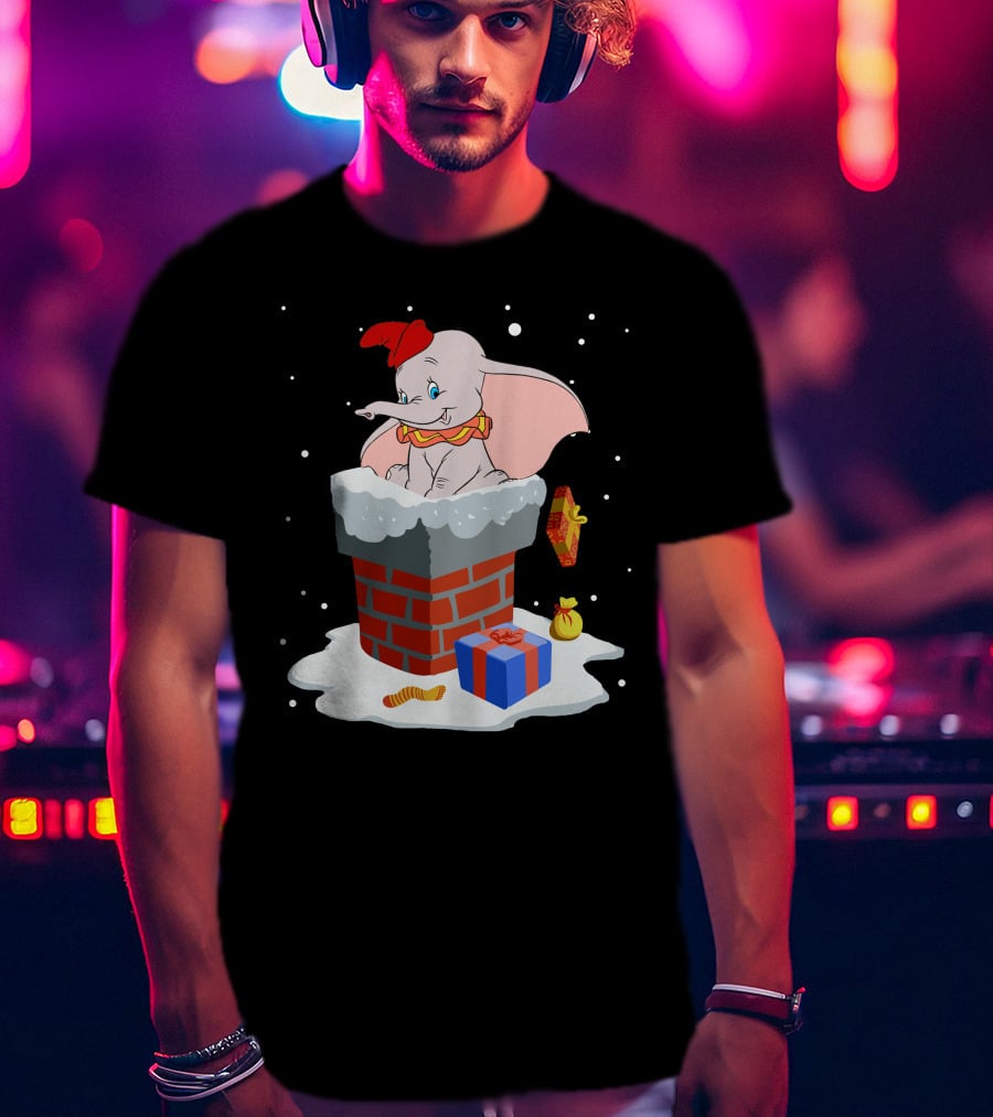 Dumbo Christmas Chimney Scene With Gifts And Snowflakes T-Shirt