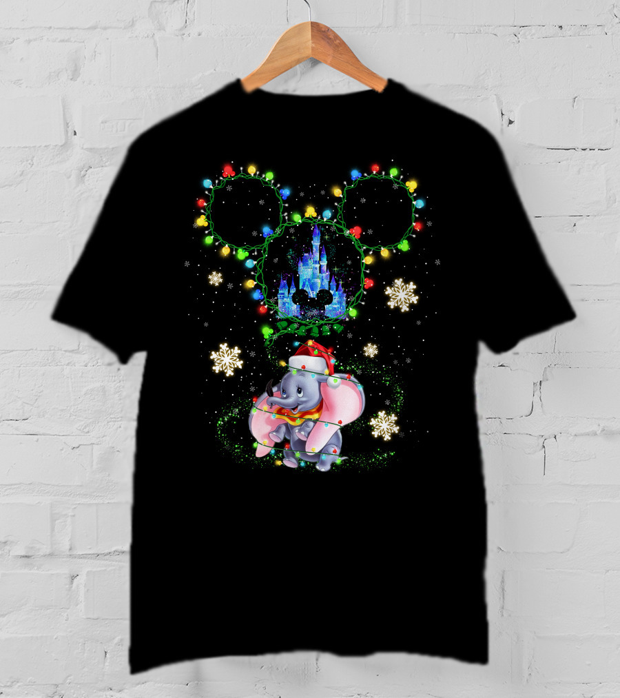 Dumbo Christmas Lights Castle Mickey Ears Snowflakes Disney Holiday T-Shirt