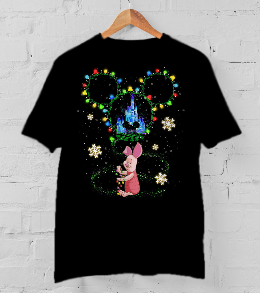 Piglet Christmas Lights Castle And Mouse Ears Snowflakes T-Shirt