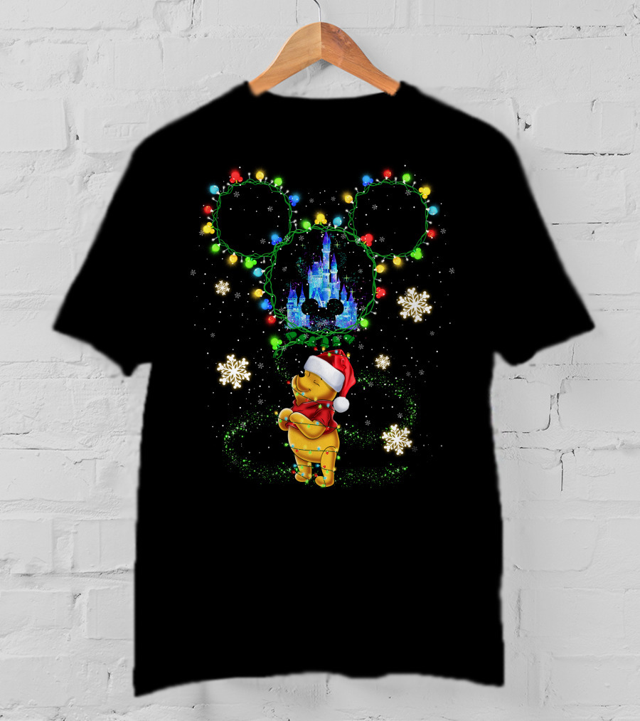 Winnie The Pooh Christmas Lights Castle Mickey Ears Snowflakes T-Shirt