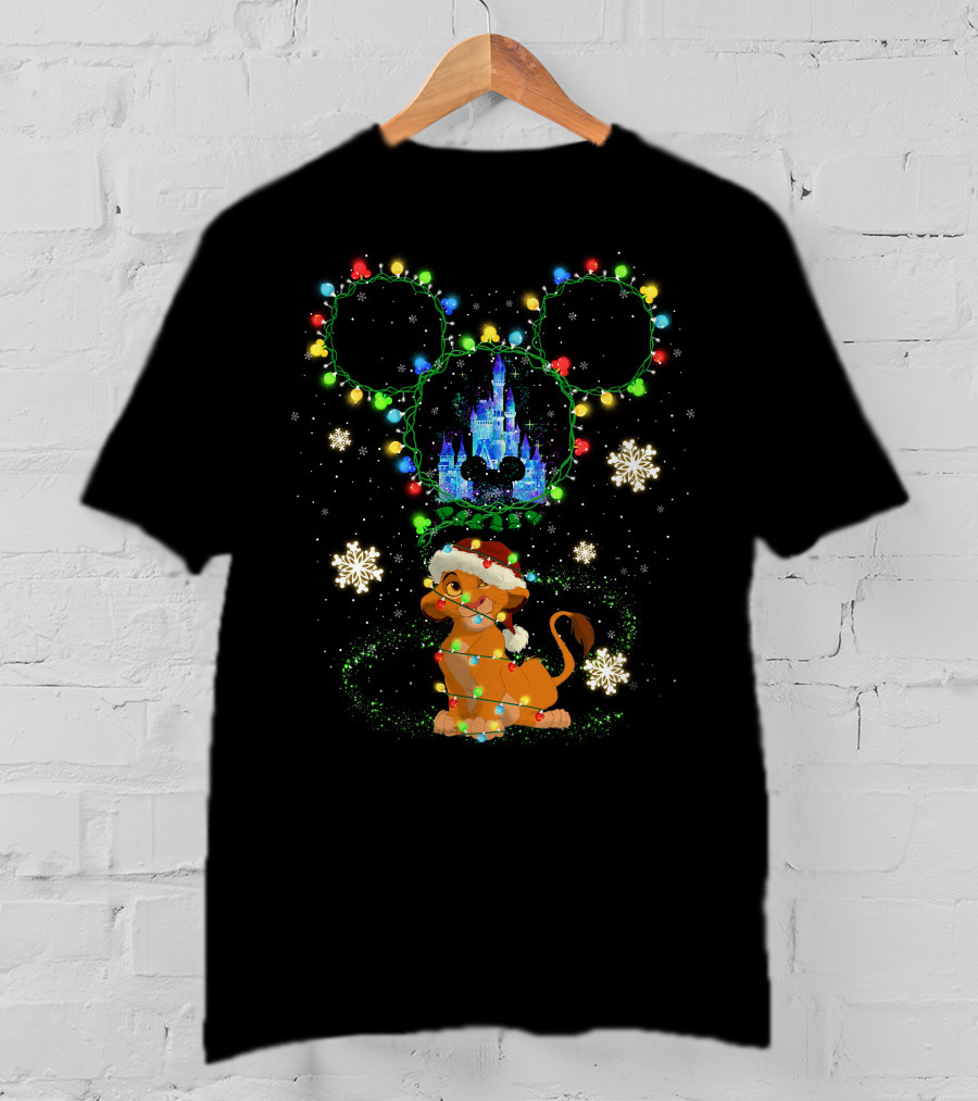 Simba Christmas Disney Castle Mickey Ears Lights Snowflakes T-Shirt