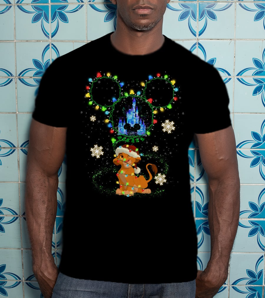 Simba Christmas Disney Castle Mickey Ears Lights Snowflakes T-Shirt