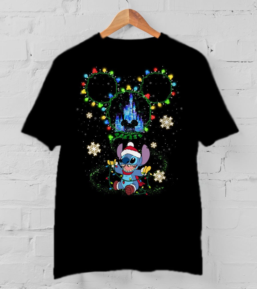 Stitch Christmas Disney Castle Mickey Mouse Ears Holiday Lights Snowflakes T-Shirt