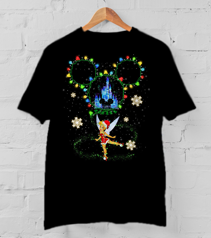 Tinker Bell Christmas Lights Mickey Ears Disney Castle Snowflakes T-Shirt