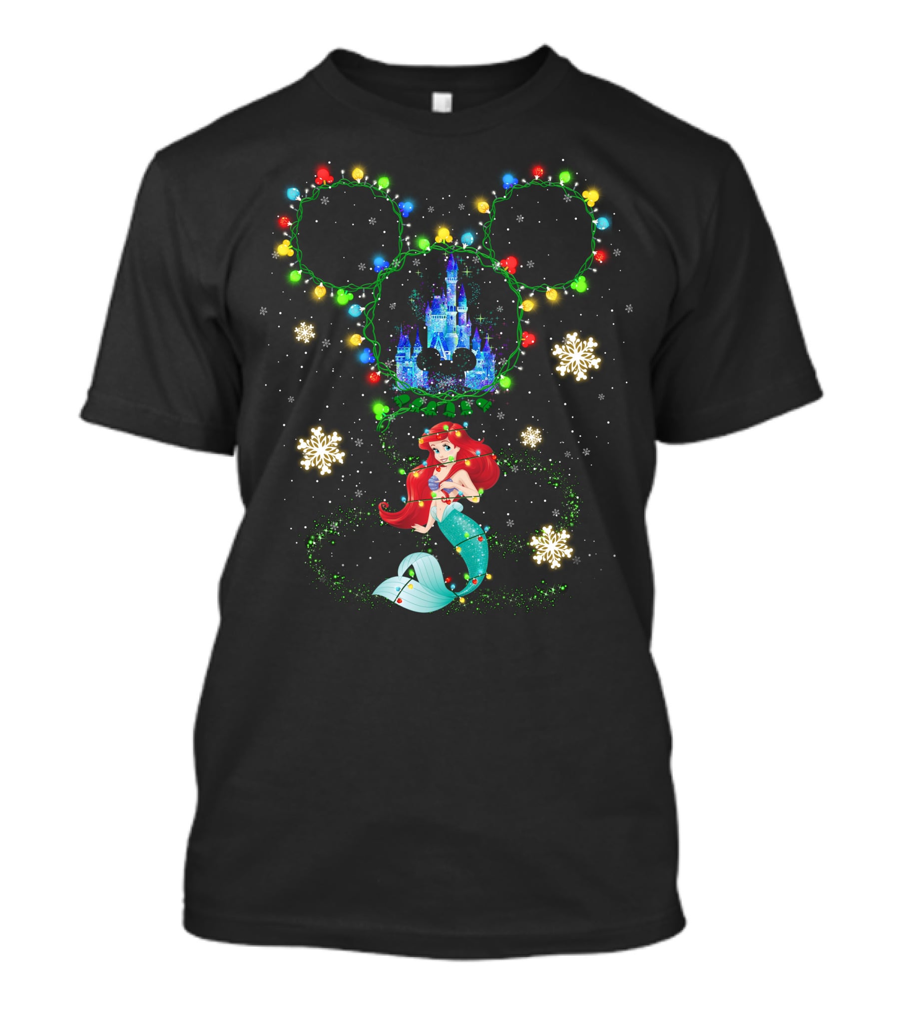 Ariel Disney Holiday Castle Snowflakes Lights T-Shirt