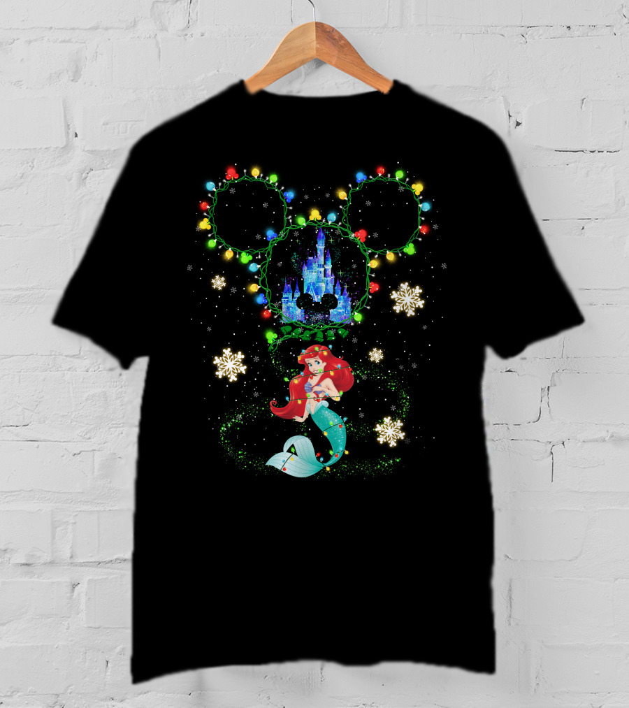 Ariel Disney Holiday Castle Snowflakes Lights T-Shirt
