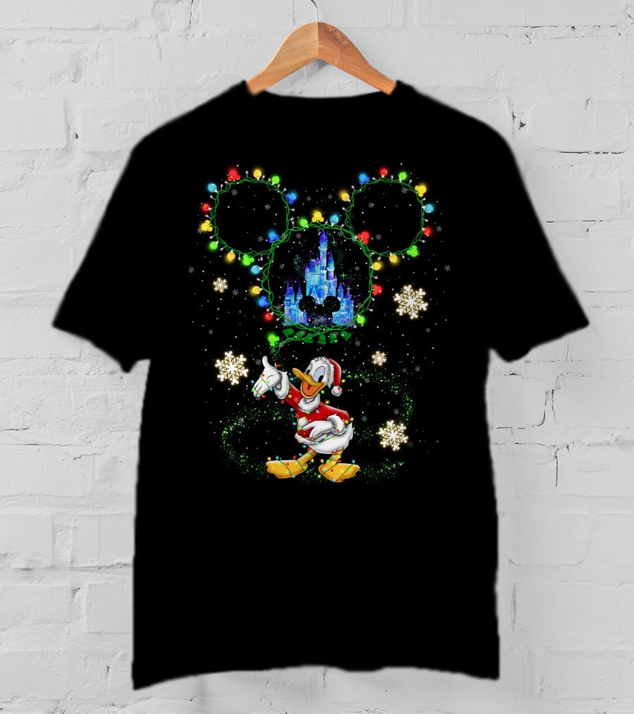 Donald Duck Disney Christmas Castle Snowflakes Lights Mickey Ears T-Shirt