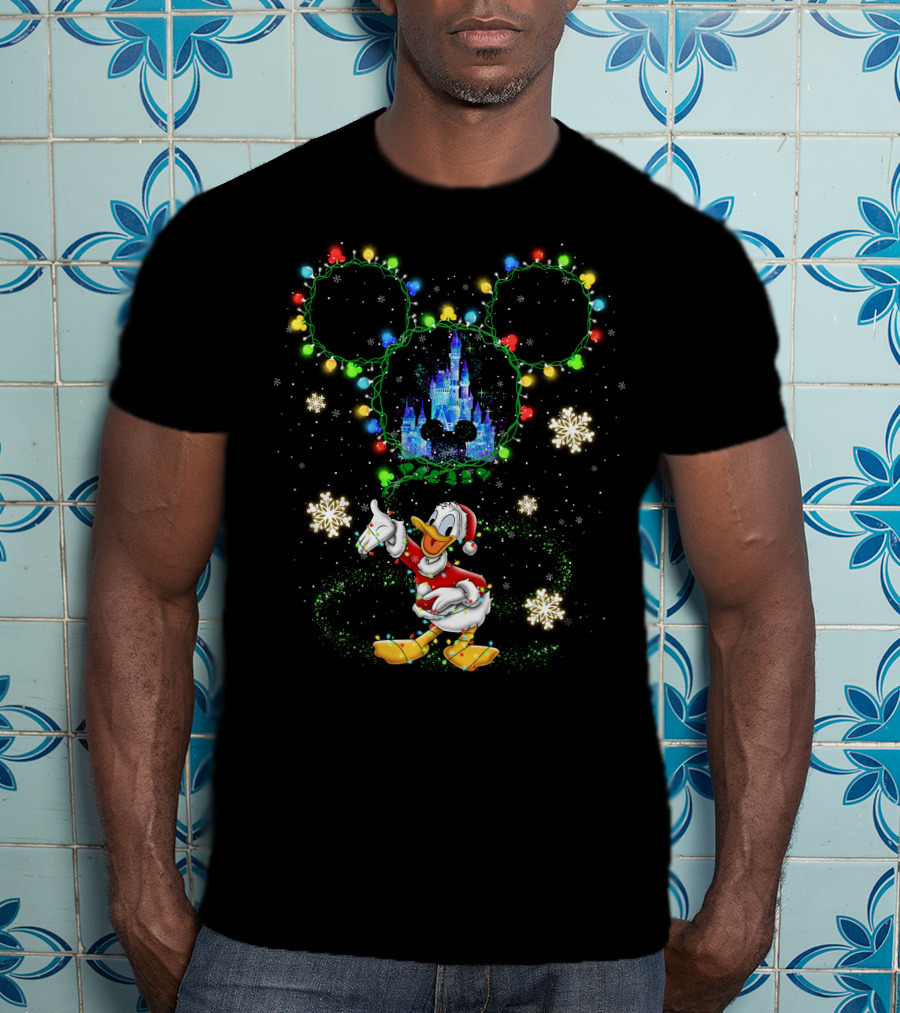 Donald Duck Disney Christmas Castle Snowflakes Lights Mickey Ears T-Shirt