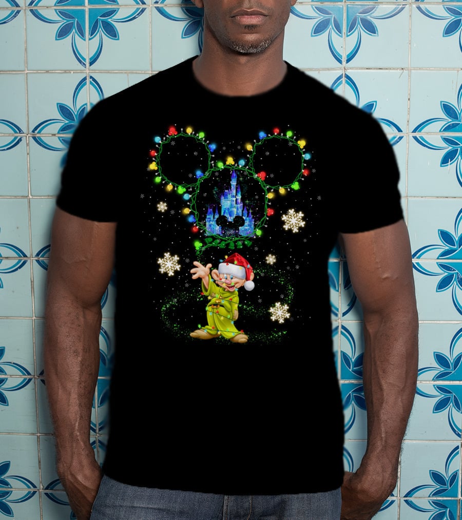 Dopey Christmas Castle Mickey Lights Snowflakes T-Shirt