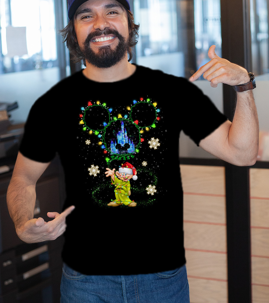 Dopey Christmas Castle Mickey Lights Snowflakes T-Shirt