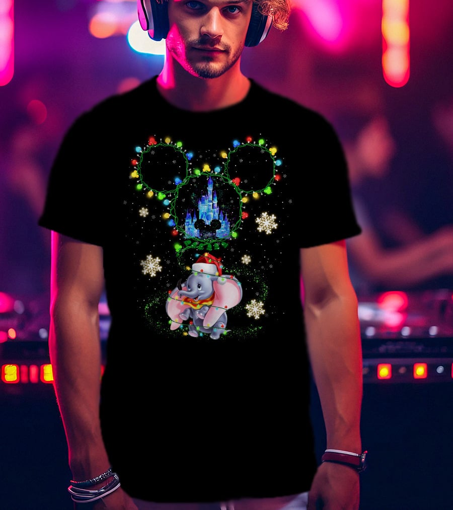 Christmas Dumbo With Castle And Mickey String Lights T-Shirt
