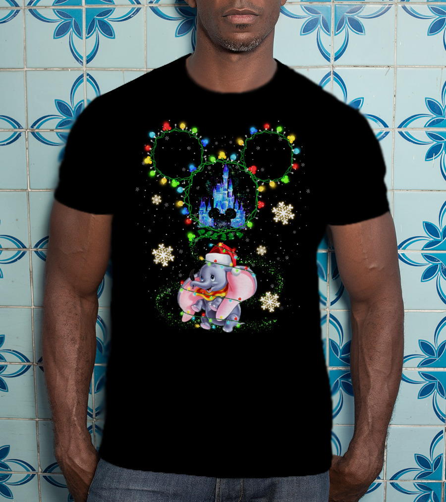 Christmas Dumbo With Castle And Mickey String Lights T-Shirt
