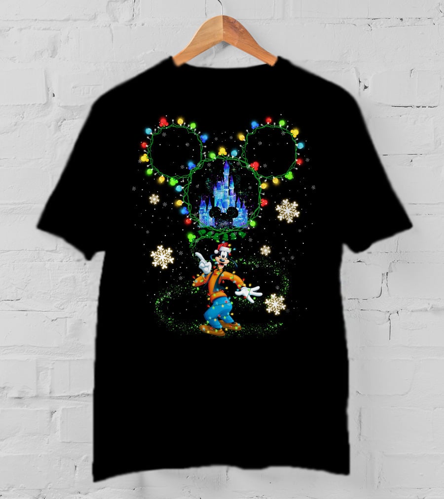 Goofy Castle Mickey Lights Snowflakes Holiday T-Shirt