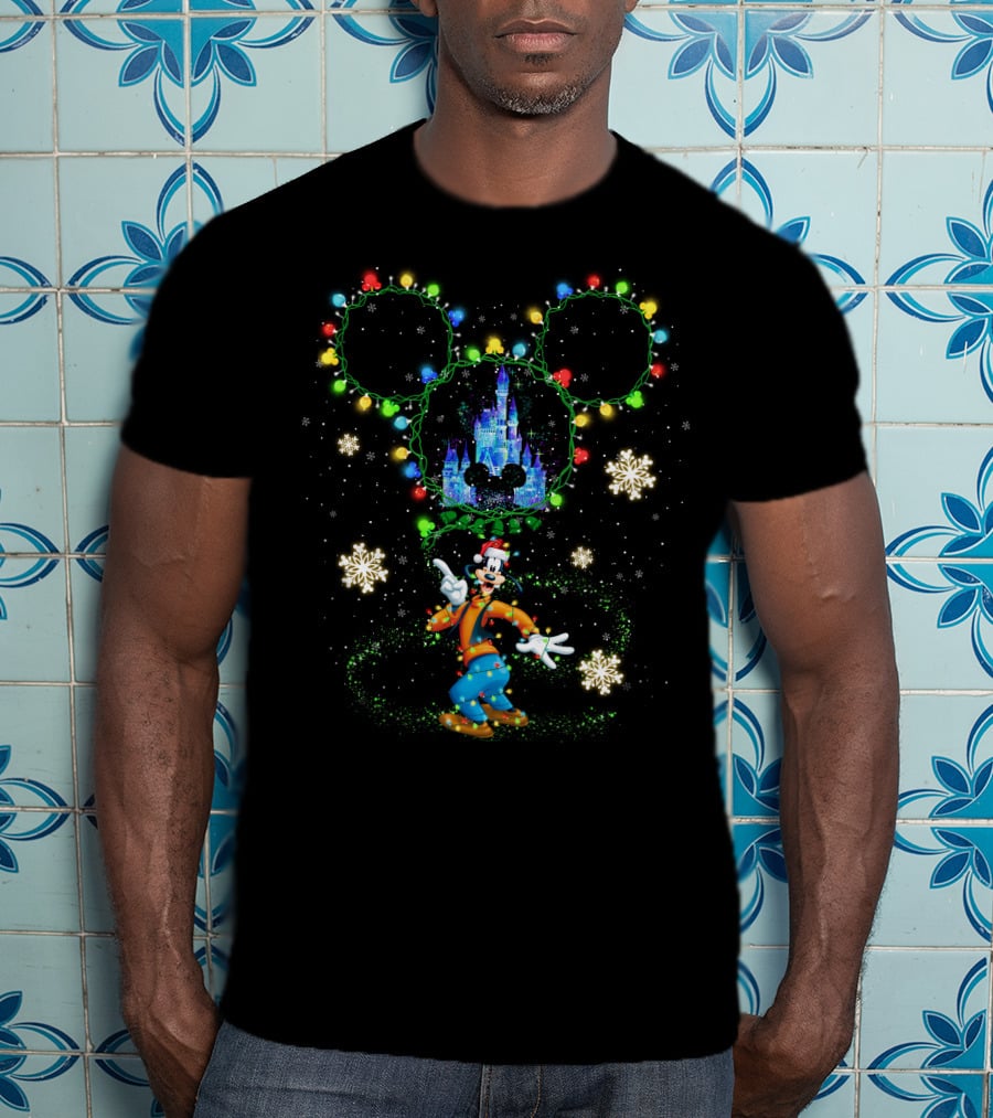 Goofy Castle Mickey Lights Snowflakes Holiday T-Shirt