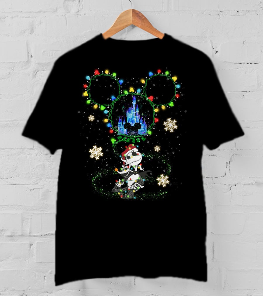 Jack Skellington Christmas Castle Mickey Lights Snowflakes T-Shirt