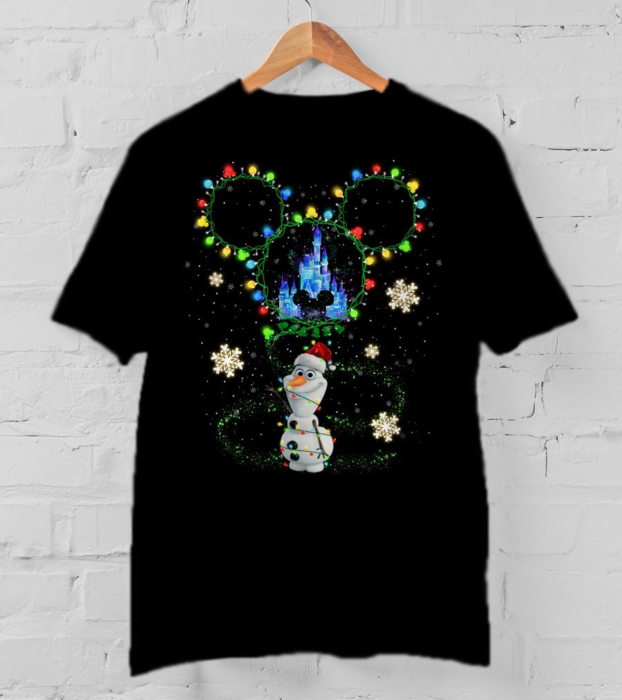 Olaf Christmas Lights Disney Castle With Mickey Ears Snowflakes T-Shirt