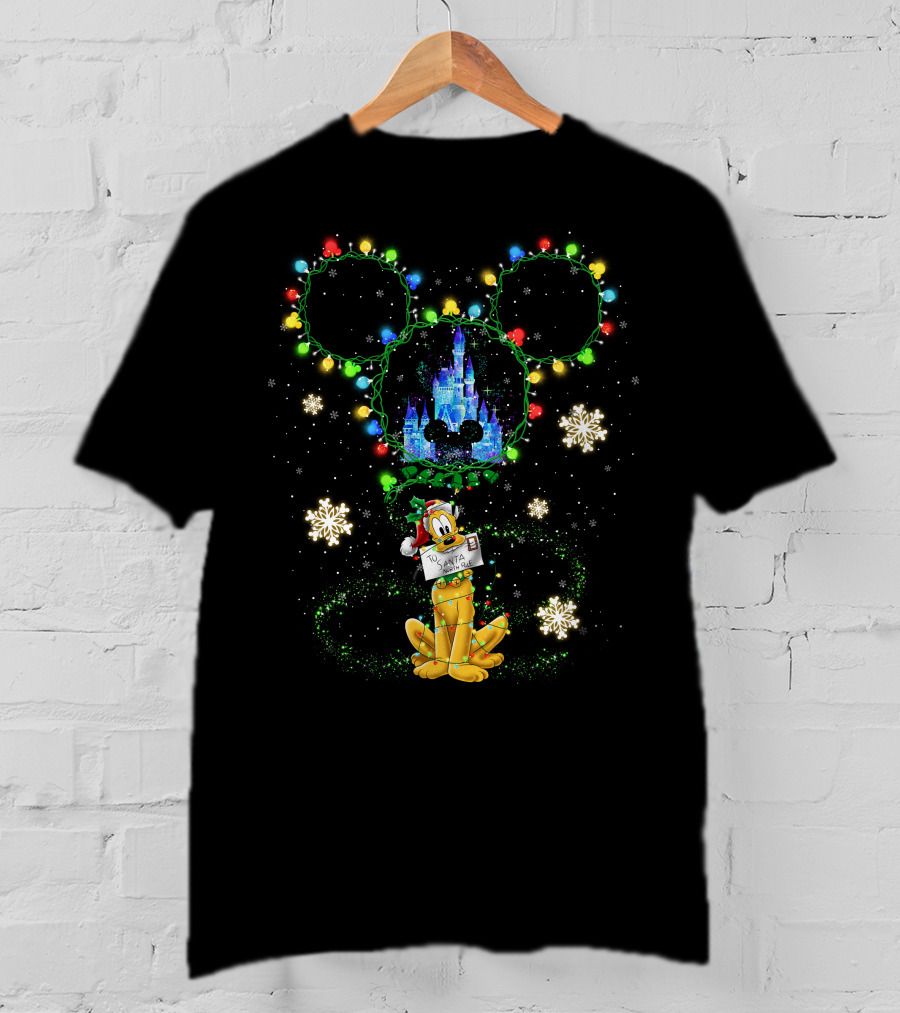 Pluto Santa Christmas Lights Mickey Head Castle Snowflakes T-Shirt