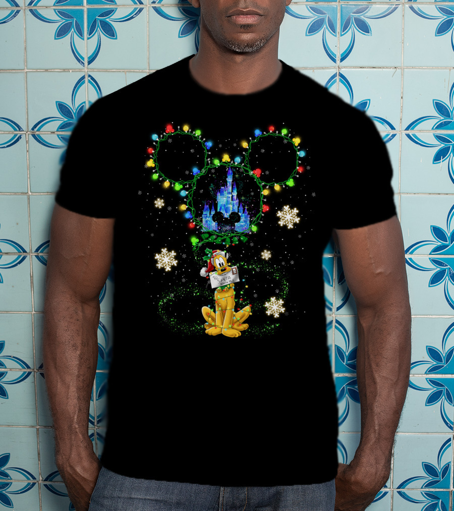 Pluto Santa Christmas Lights Mickey Head Castle Snowflakes T-Shirt