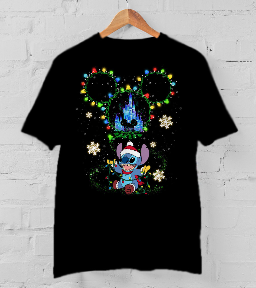 Disney Stitch Christmas Castle Lights Mickey Ears T-Shirt