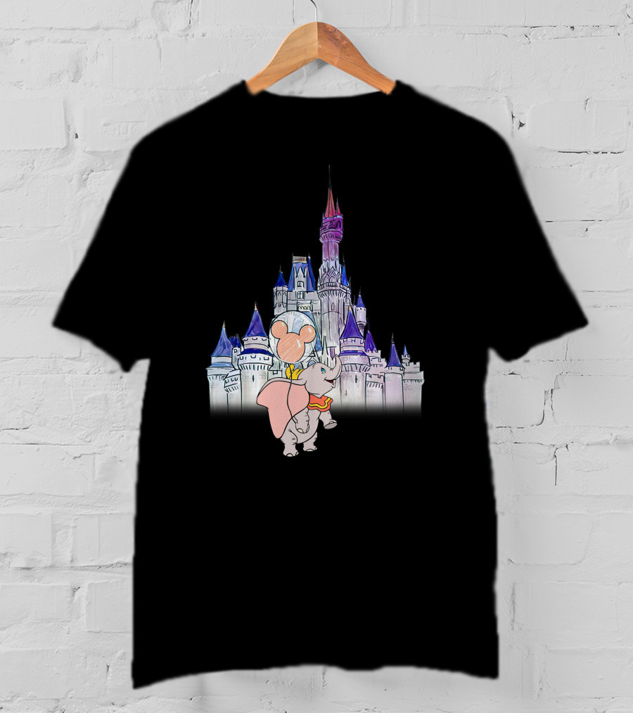 Dumbo With Mickey Balloon In Front Of Disney Castle T-Shirt