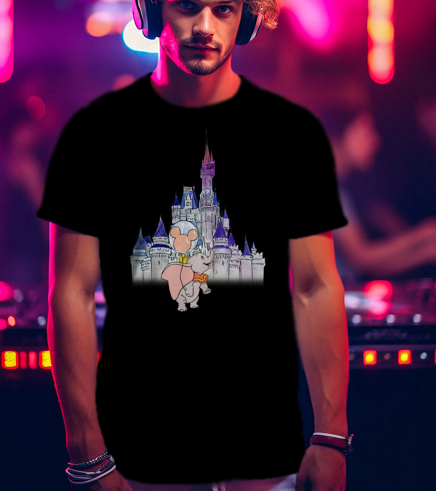 Dumbo With Mickey Balloon In Front Of Disney Castle T-Shirt