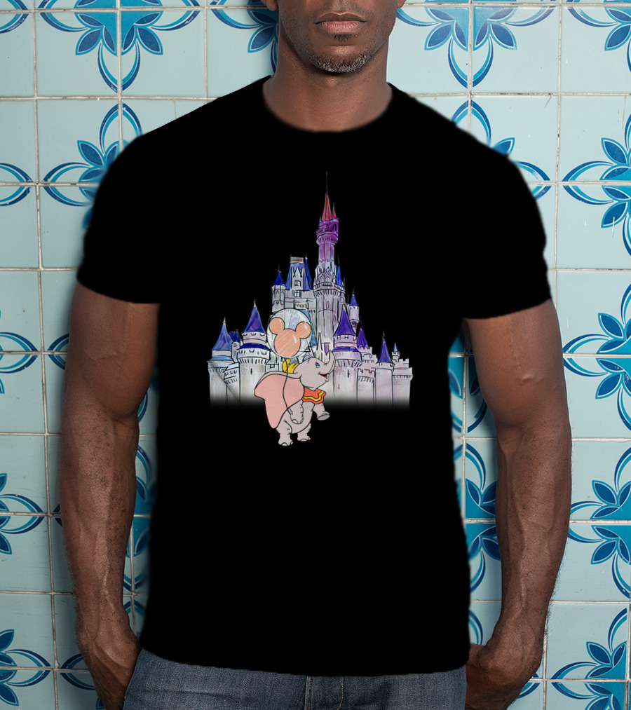 Dumbo With Mickey Balloon In Front Of Disney Castle T-Shirt