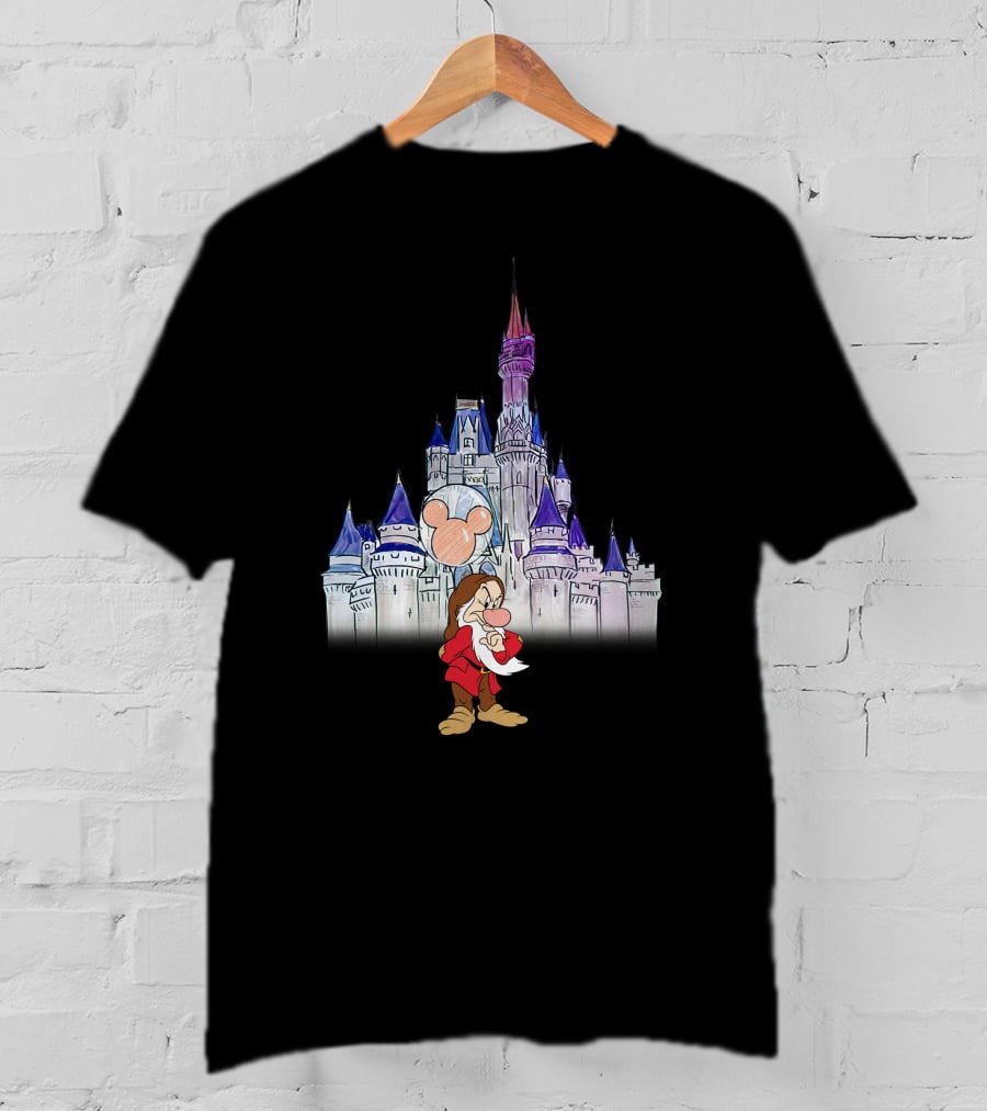 Grumpy Dwarf With Mickey Balloon At Disney Castle T-Shirt