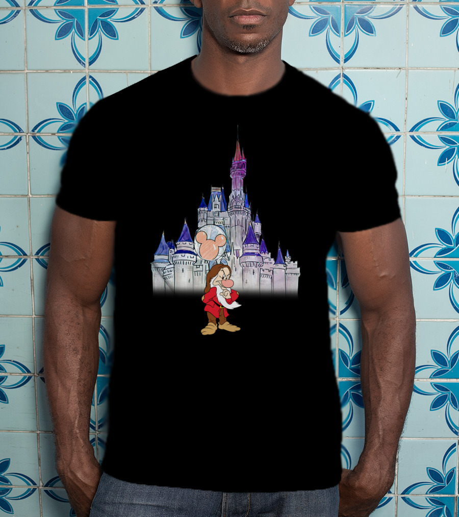 Grumpy Dwarf With Mickey Balloon At Disney Castle T-Shirt