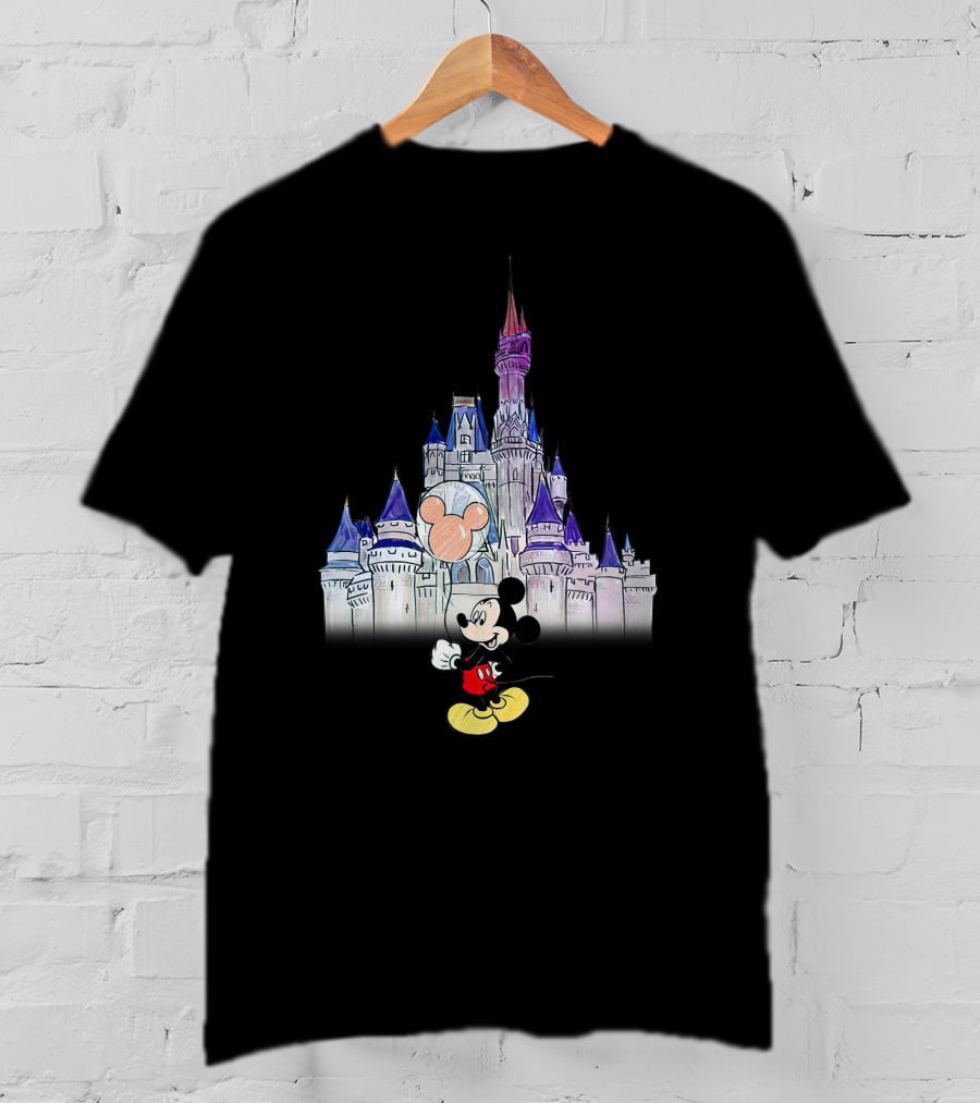Mickey Mouse With Balloon In Front Of Disney Castle T-Shirt