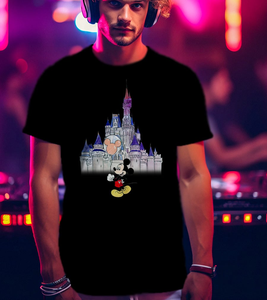 Mickey Mouse With Balloon In Front Of Disney Castle T-Shirt