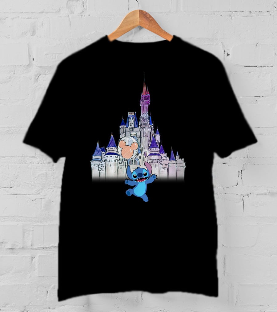 Stitch At Enchanted Disney Castle With Mickey Balloon T-Shirt