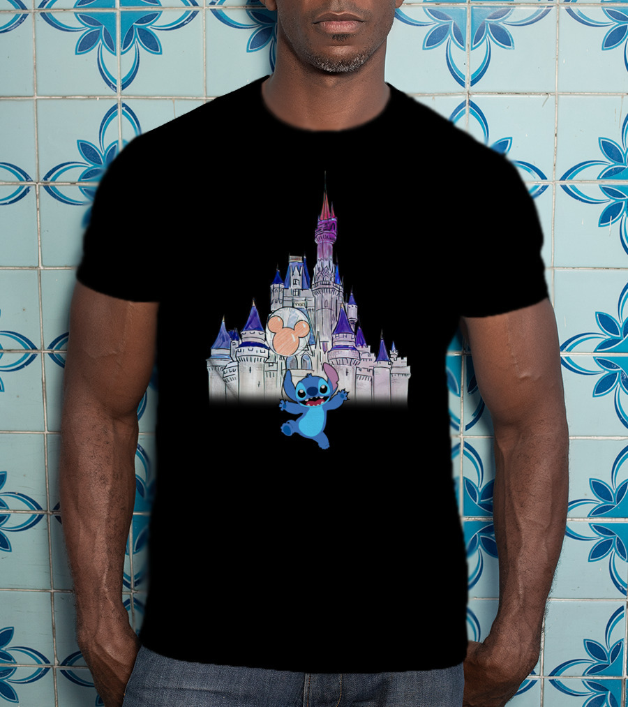 Stitch At Enchanted Disney Castle With Mickey Balloon T-Shirt