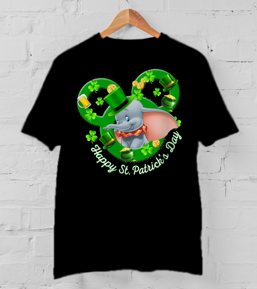 Dumbo Happy St. Patrick's Day With Shamrocks And Leprechaun Hat T-Shirt