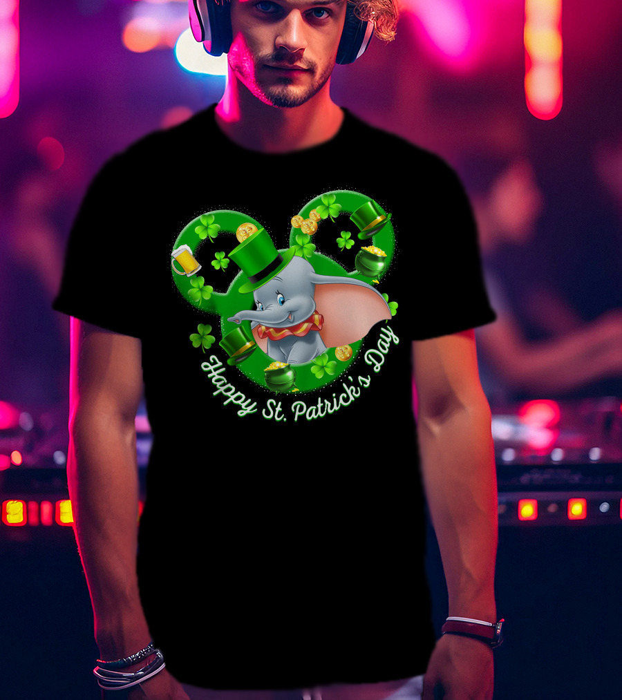 Dumbo Happy St. Patrick's Day With Shamrocks And Leprechaun Hat T-Shirt