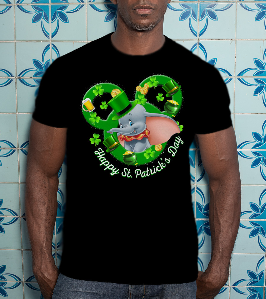 Dumbo Happy St. Patrick's Day With Shamrocks And Leprechaun Hat T-Shirt