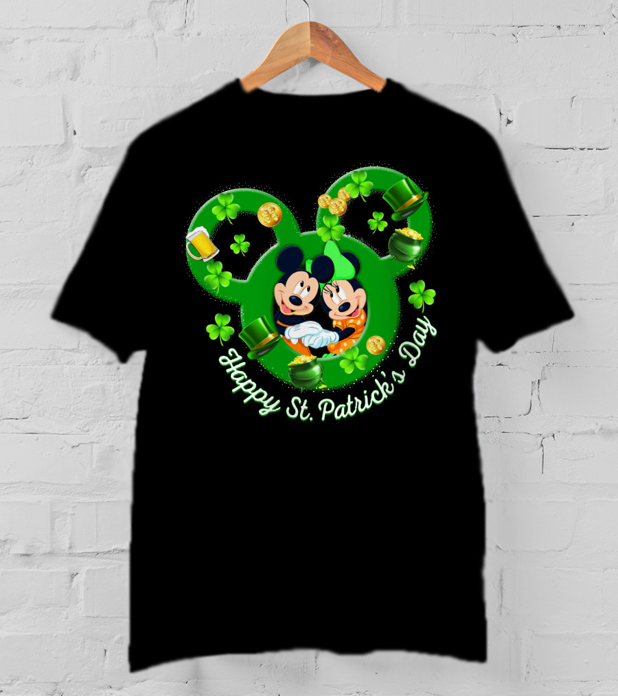 Happy St. Patrick's Day Mickey Minnie Shamrocks And Green Hats T-Shirt