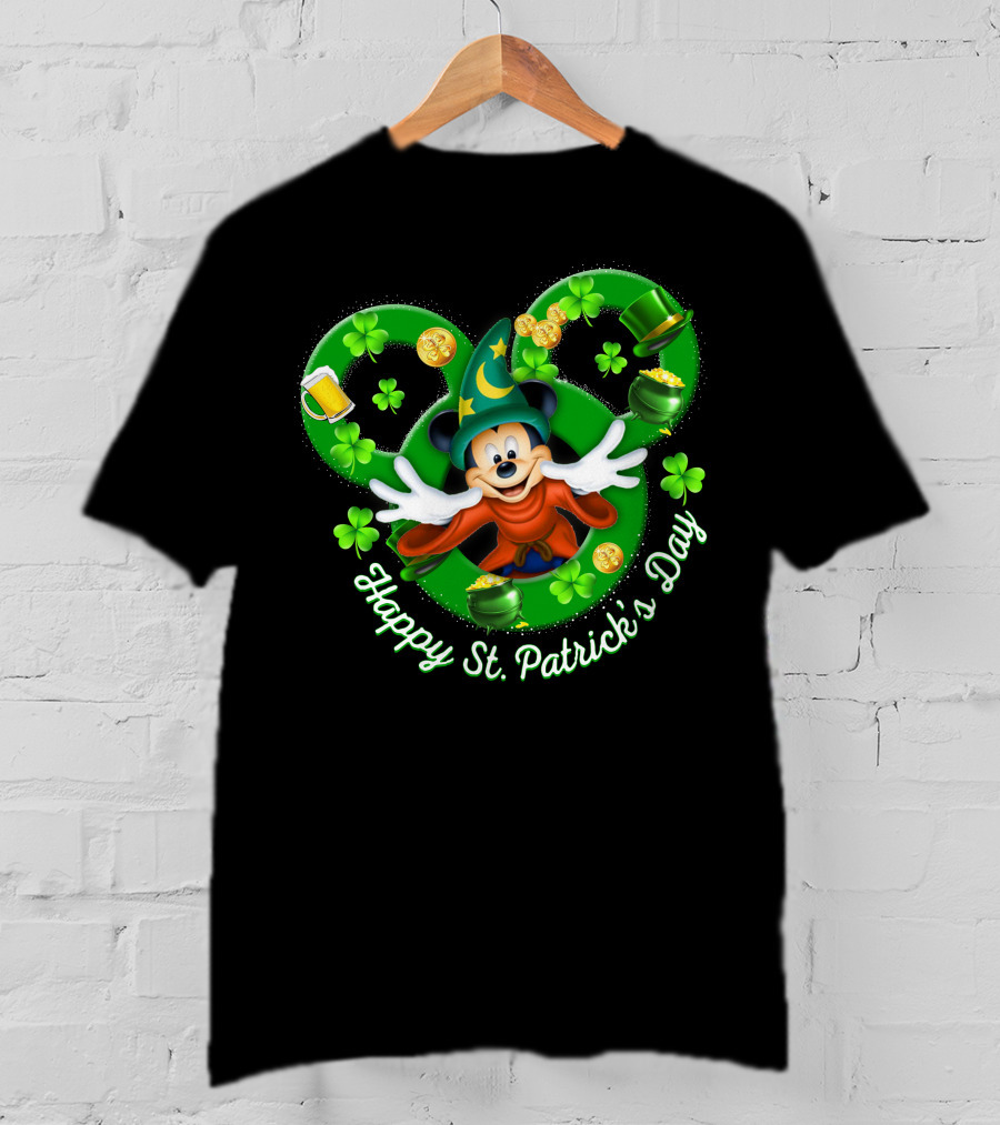 Happy St. Patrick's Day Mickey Fantasia Magic Hat Clover Coins T-Shirt