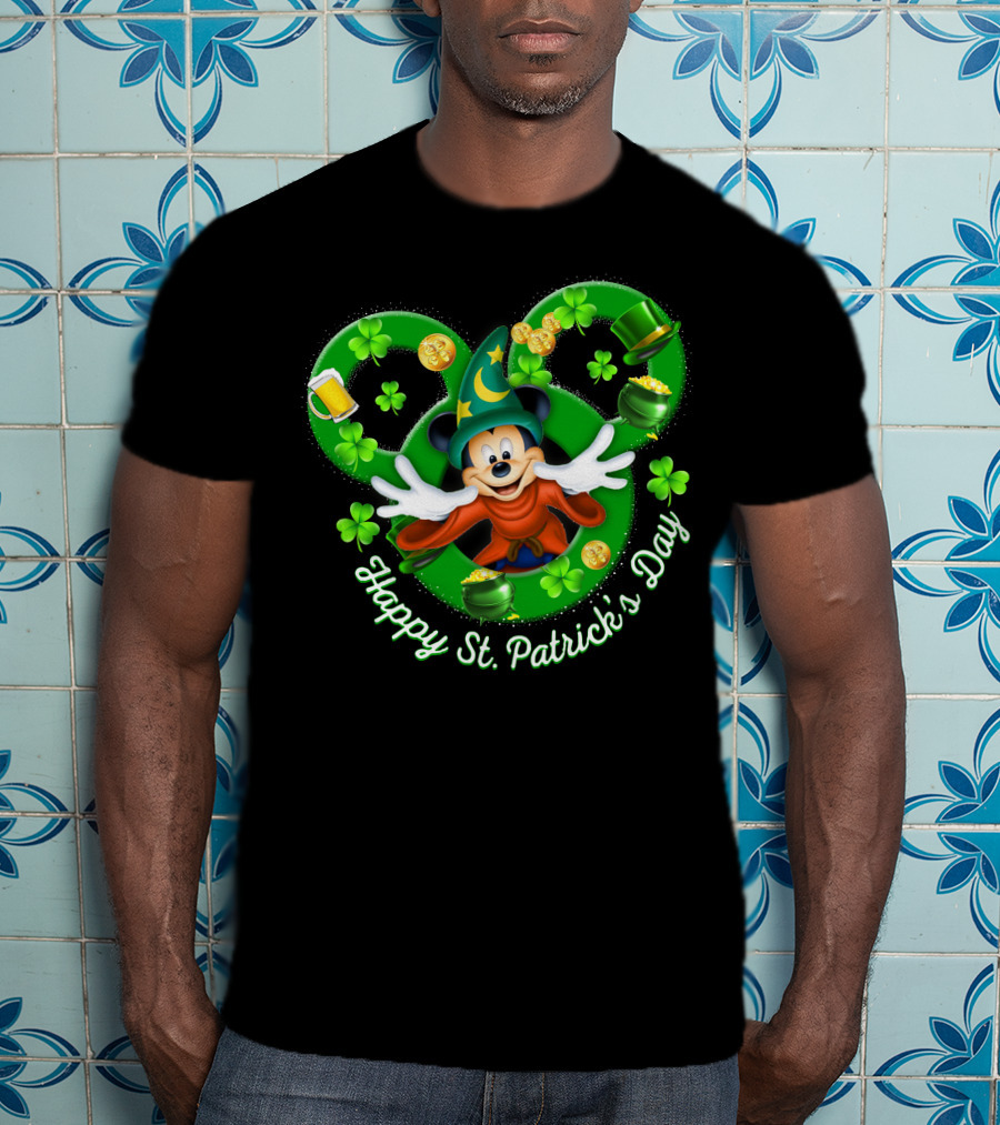 Happy St. Patrick's Day Mickey Fantasia Magic Hat Clover Coins T-Shirt