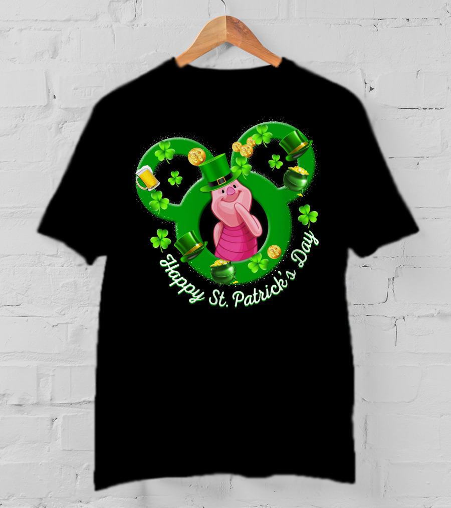 Piglet Happy St. Patrick’s Day Mickey Ears Shamrocks Coins Hat T-Shirt
