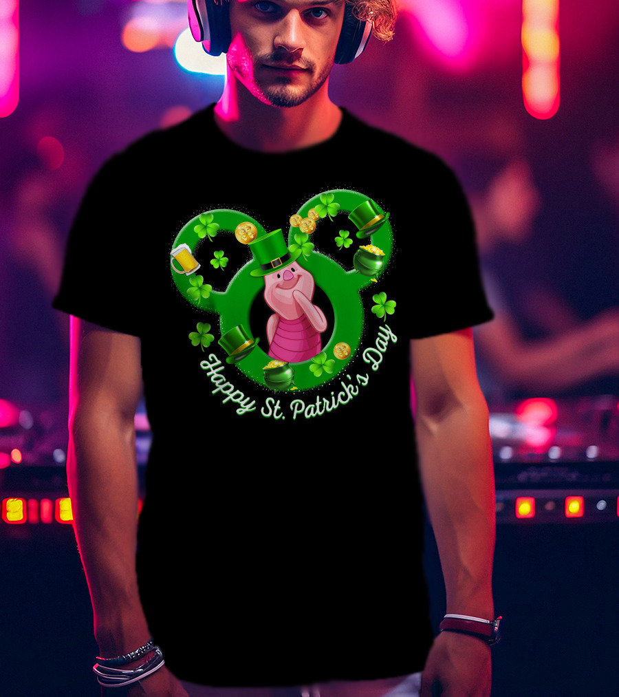 Piglet Happy St. Patrick’s Day Mickey Ears Shamrocks Coins Hat T-Shirt