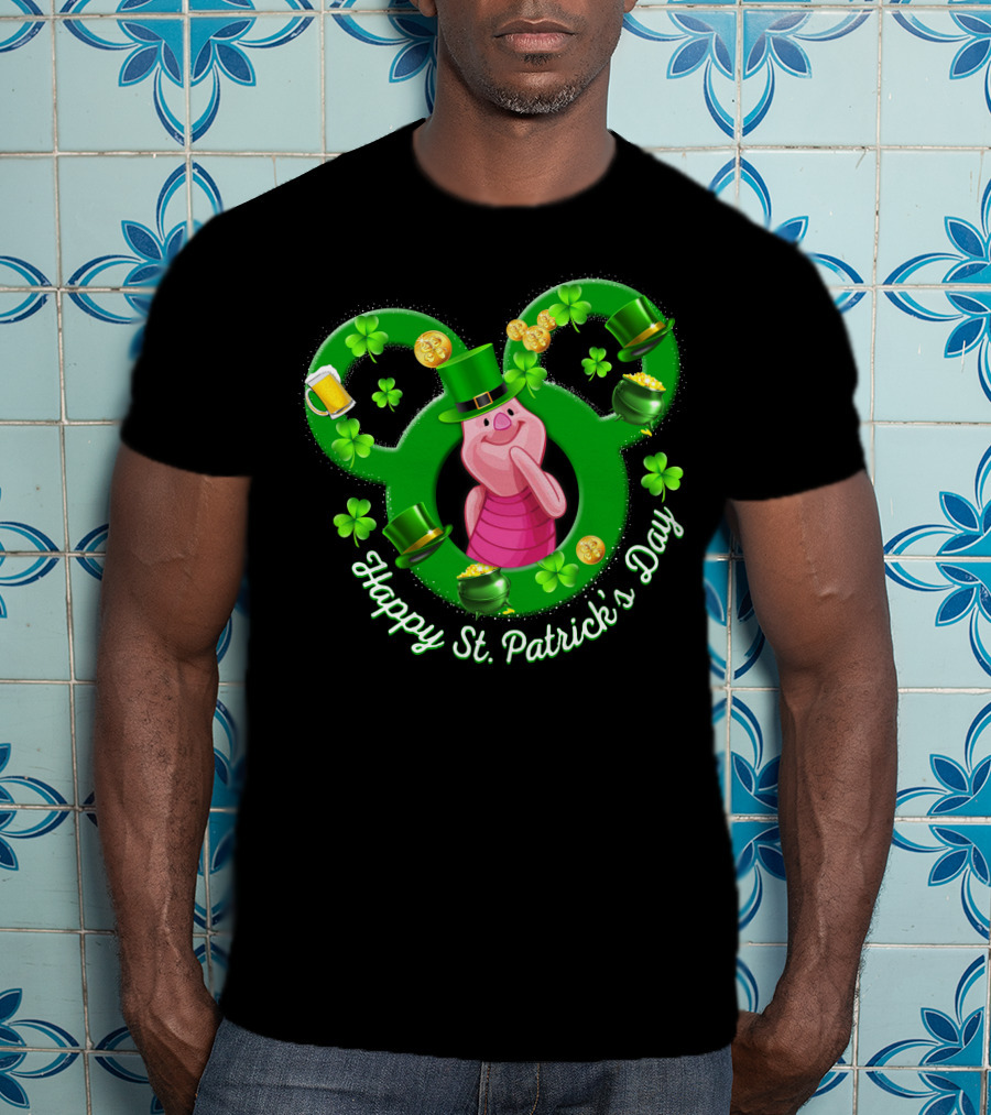 Piglet Happy St. Patrick’s Day Mickey Ears Shamrocks Coins Hat T-Shirt