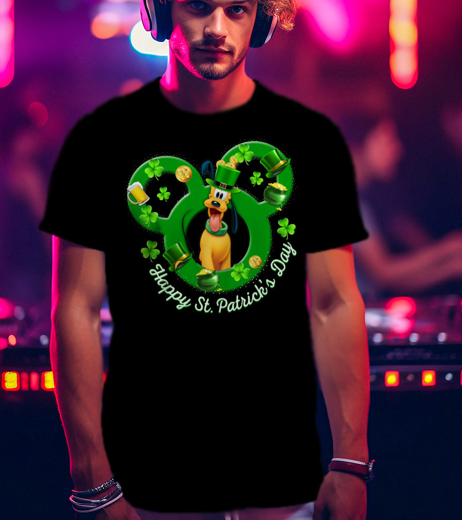 Happy St. Patrick's Day Pluto Mickey Ears Shamrocks Gold Coins T-Shirt