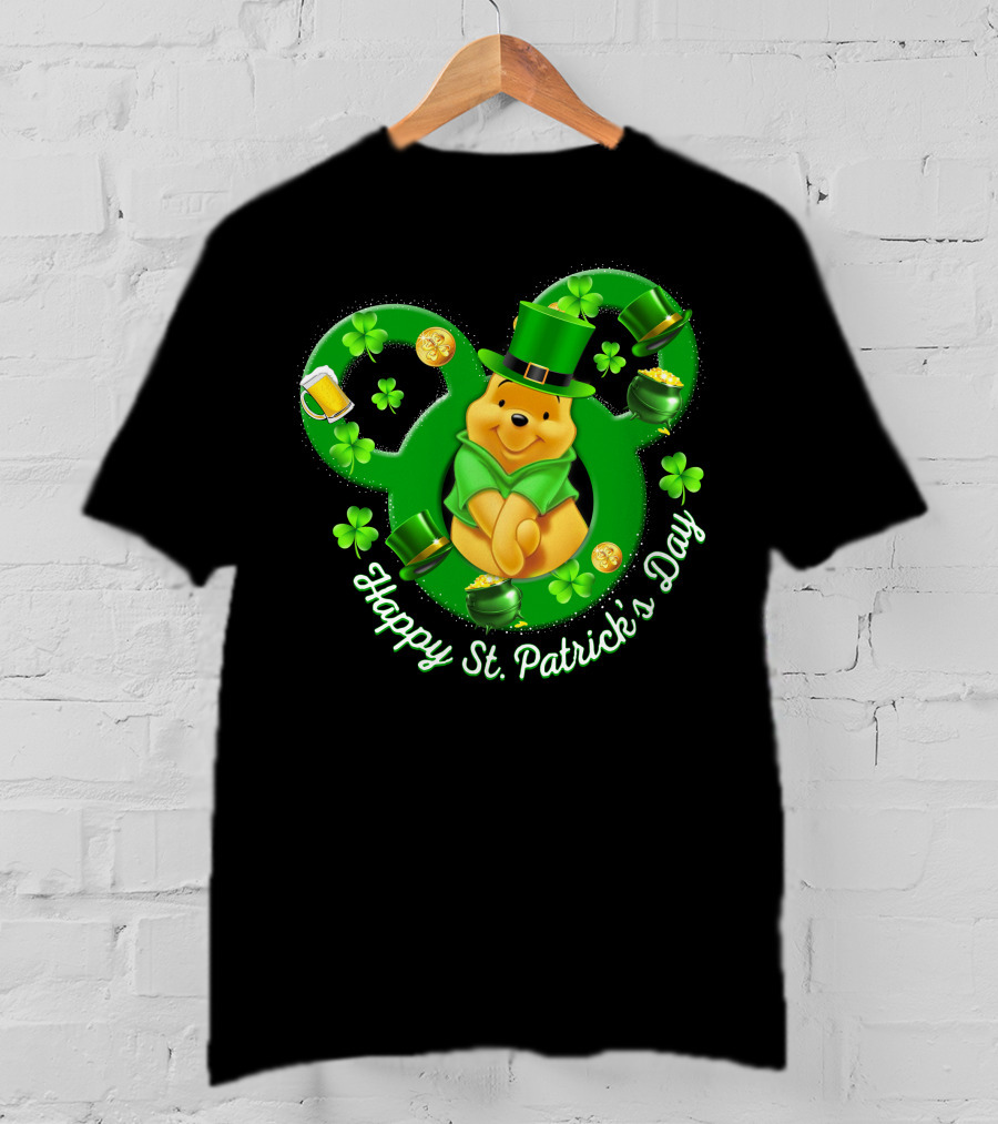 Happy St. Patrick's Day Pooh Bear With Leprechaun Hat And Shamrocks T-Shirt