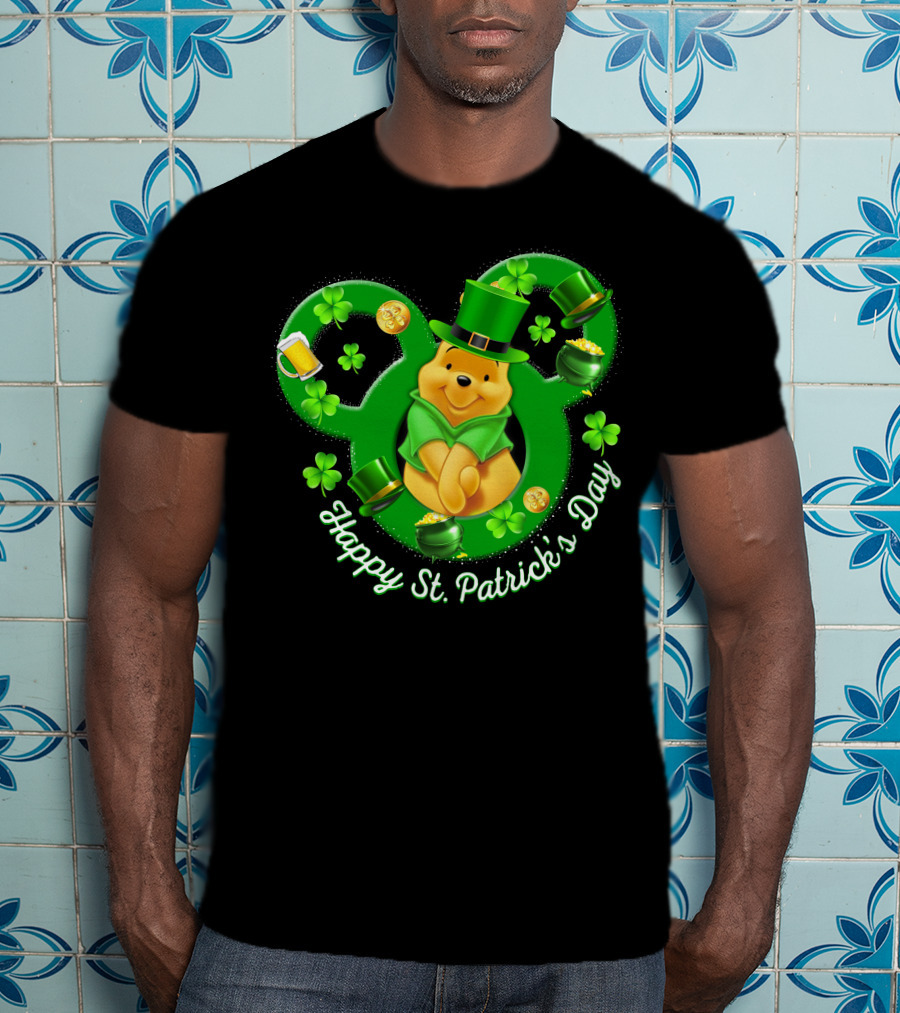Happy St. Patrick's Day Pooh Bear With Leprechaun Hat And Shamrocks T-Shirt