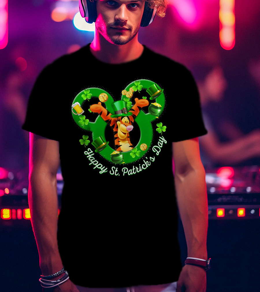 Tigger Happy St. Patrick's Day Mickey Ears Clover And Gold Coins T-Shirt