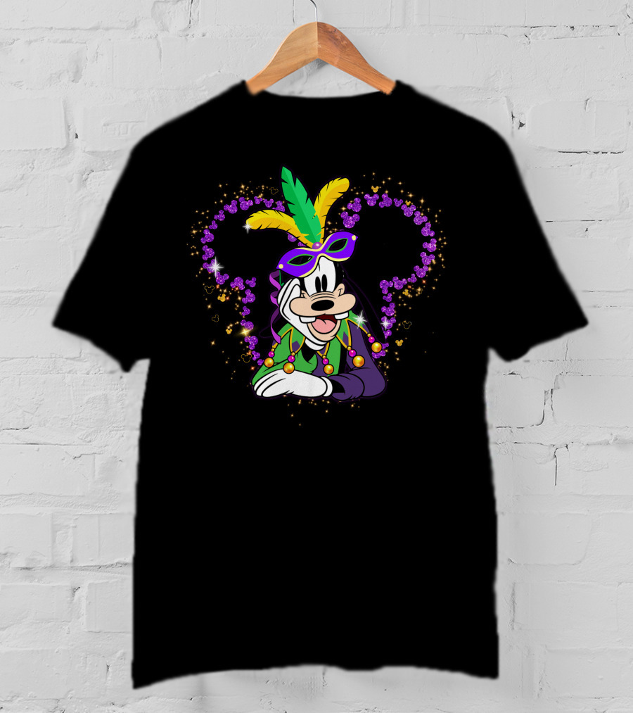 Goofy Mardi Gras Disney Mickey Ears Sparkle Feathers Mask T-Shirt