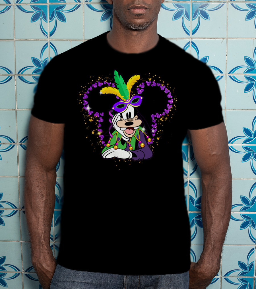 Goofy Mardi Gras Disney Mickey Ears Sparkle Feathers Mask T-Shirt