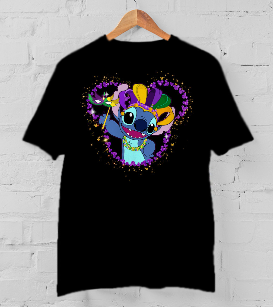 Stitch Mardi Gras Celebration With Mask And Beads In Purple Heart Frame T-Shirt